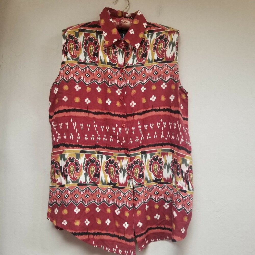 Solutions Womens Large Sleeveless Button-Down Shirt Top Red Multi-Pattern Blouse